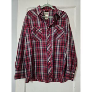 FRONTIER WESTERN PEARL‎ SNAP BUTTON DOWN VINTAGE MENS XXL PLAID RED COTTON